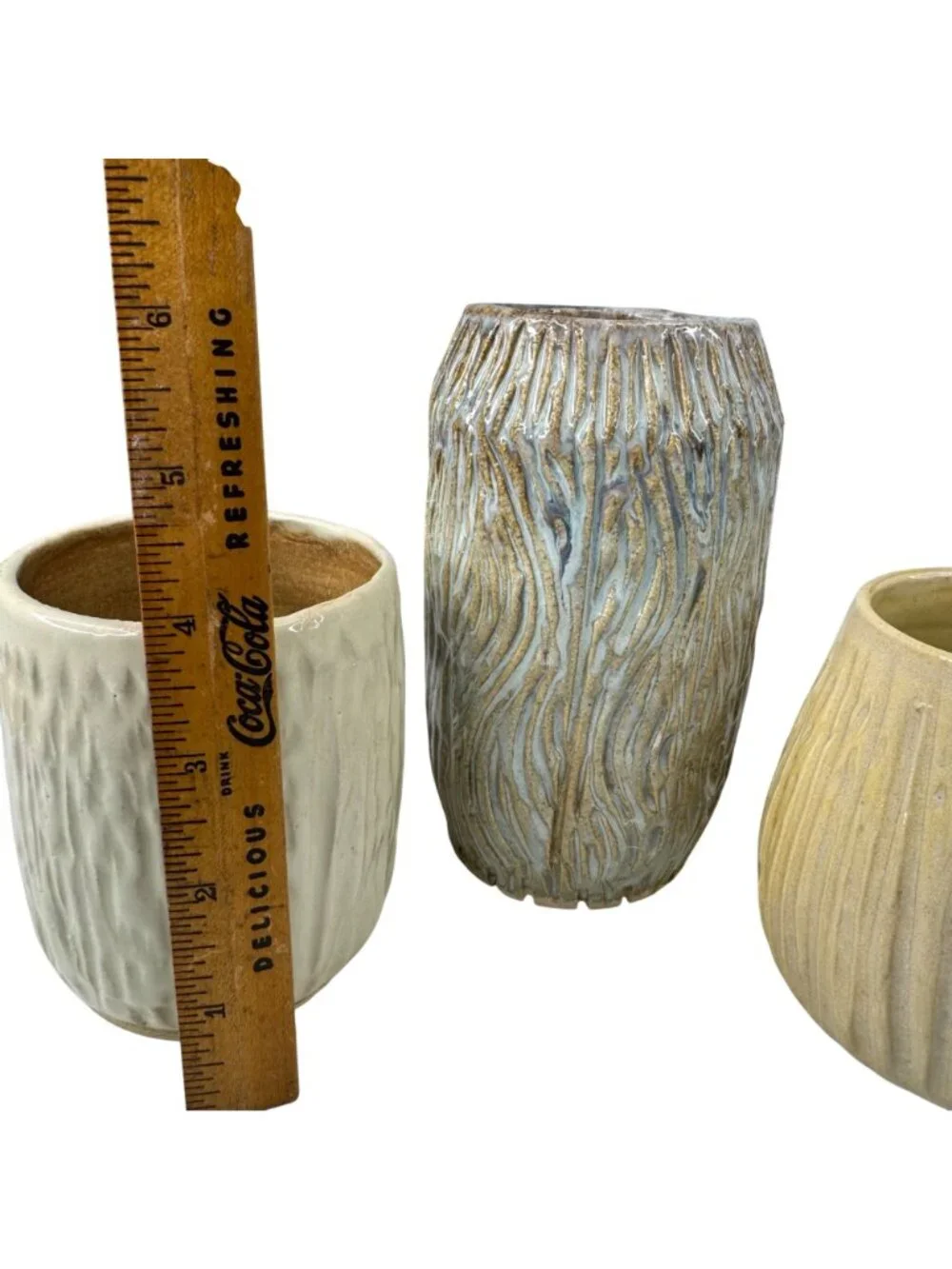 Andrea Art Pottery Handcrafted Ceramic Vase Cups Textured Neutral Glaze Set Of 3 - Picture 5 of 11